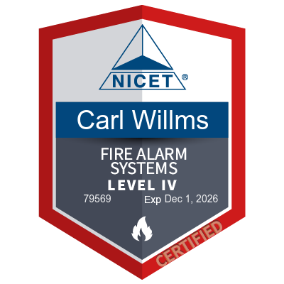 NICET Fire Alarm Systems Level IV badge.