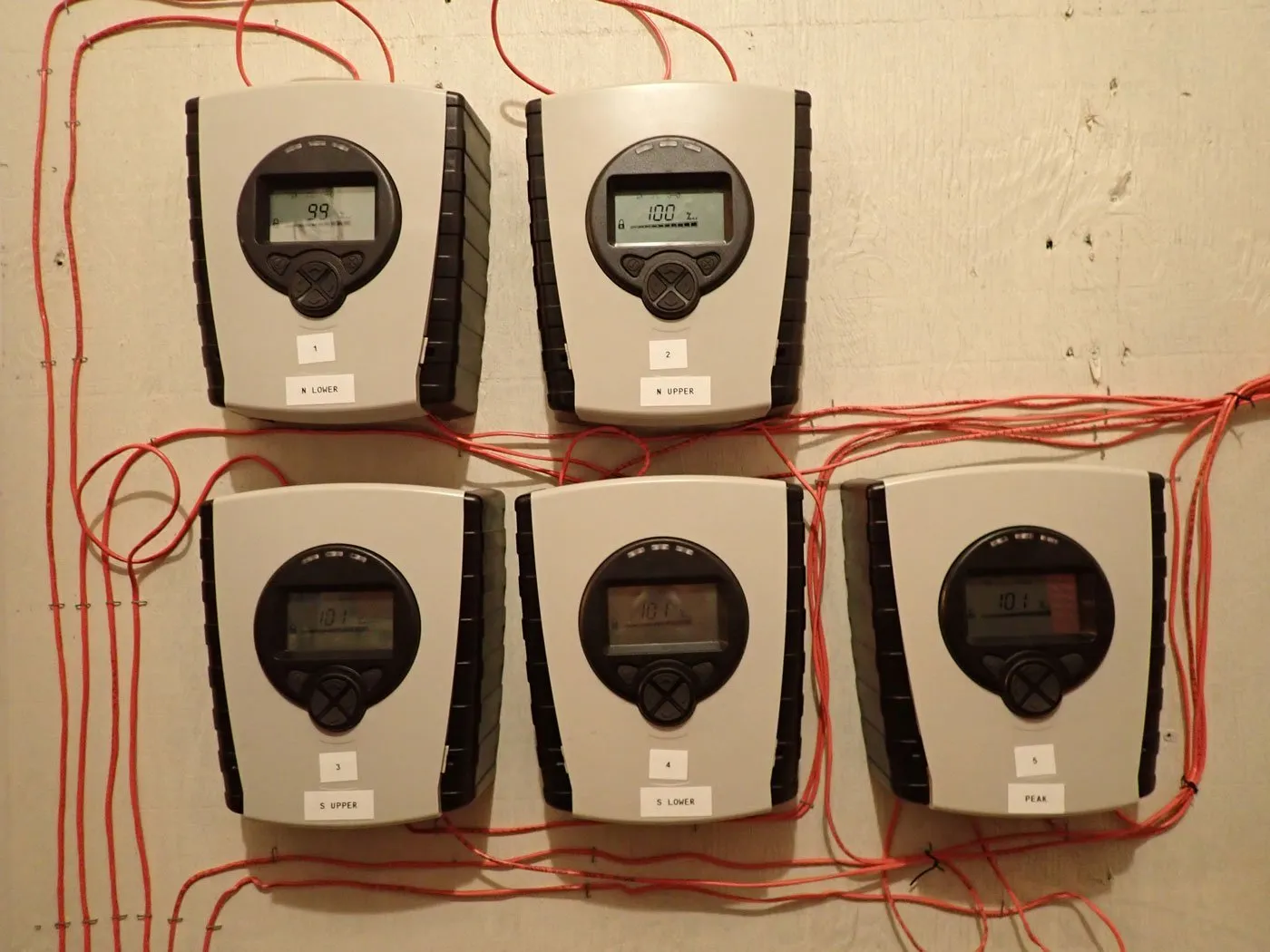 Six digital tally counters arranged on a surface, connected with red wires.