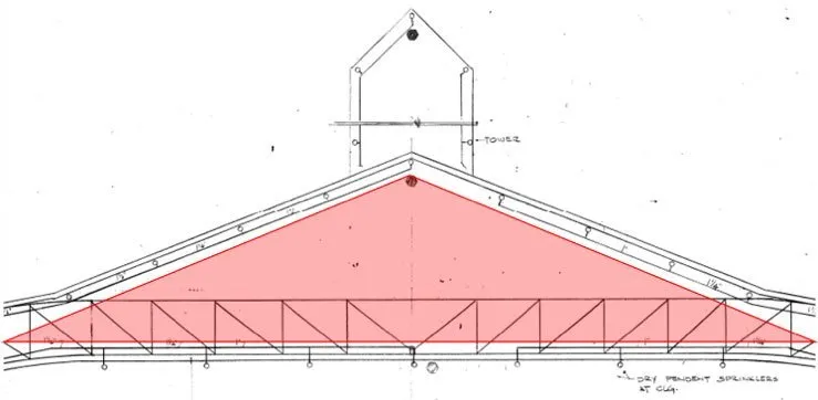 Architectural section drawing of a roof structure with trusses.